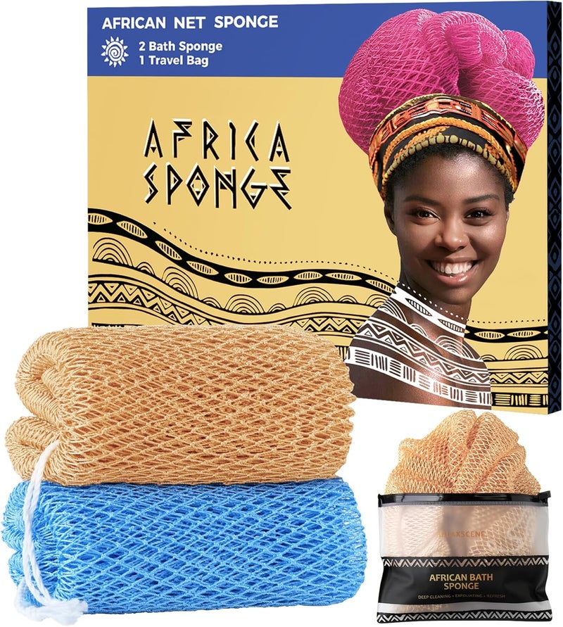 RelaxScene African Net Sponge with Knots - 2 Pieces Exfoliating Body Scrubber Bath Sponge - Back Scrubber Washcloth for Shower - Real African Scrub Exfoliator Body Care for Women - Image 1